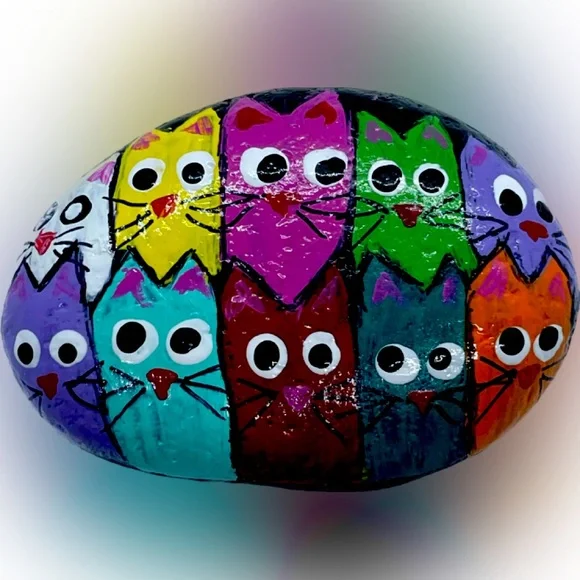 Hand crafted painted rock ten colorful rainbow cats on black rock pink red white - Picture 1 of 7